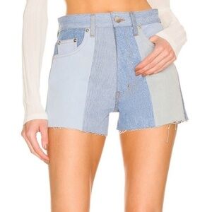 NWT $270 EB Denim Upcycled Patchwork Festival Denim Shorts In Blue Wash